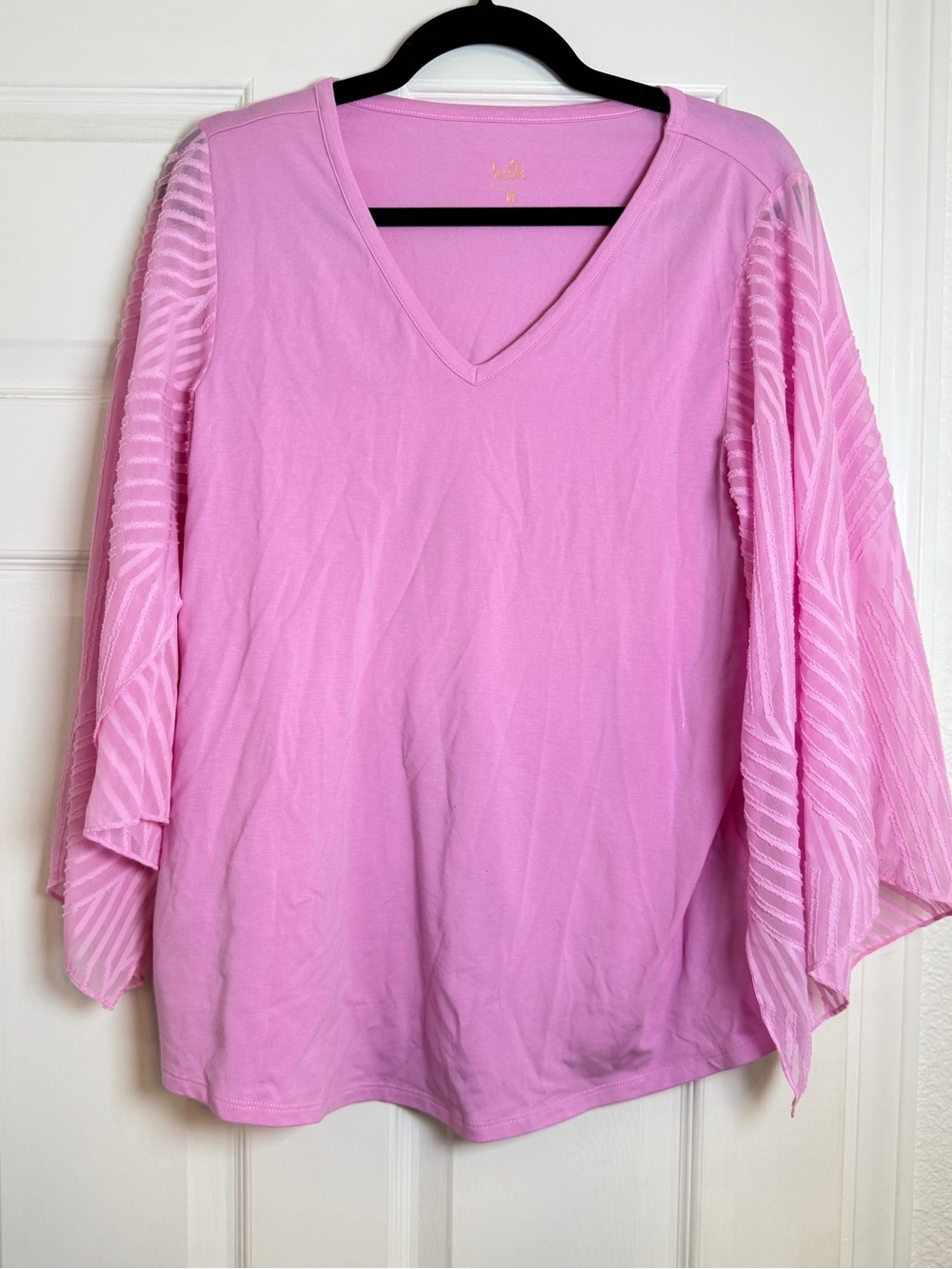 Belle by Kim Gravel Pink V-Neck Sheer Flutter Sleeve Top Size M - Picture 2 of 7